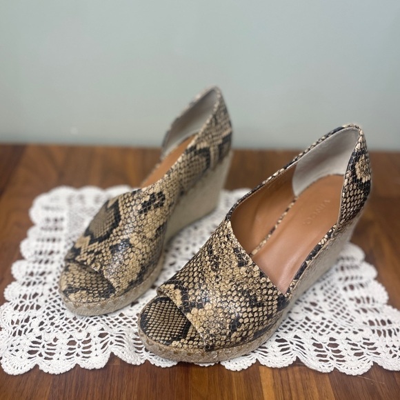 Vince Sonora Tan Snakeskin Leather Espadrille D'Orsay Peep Toe Wedges 8 - Picture 4 of 7